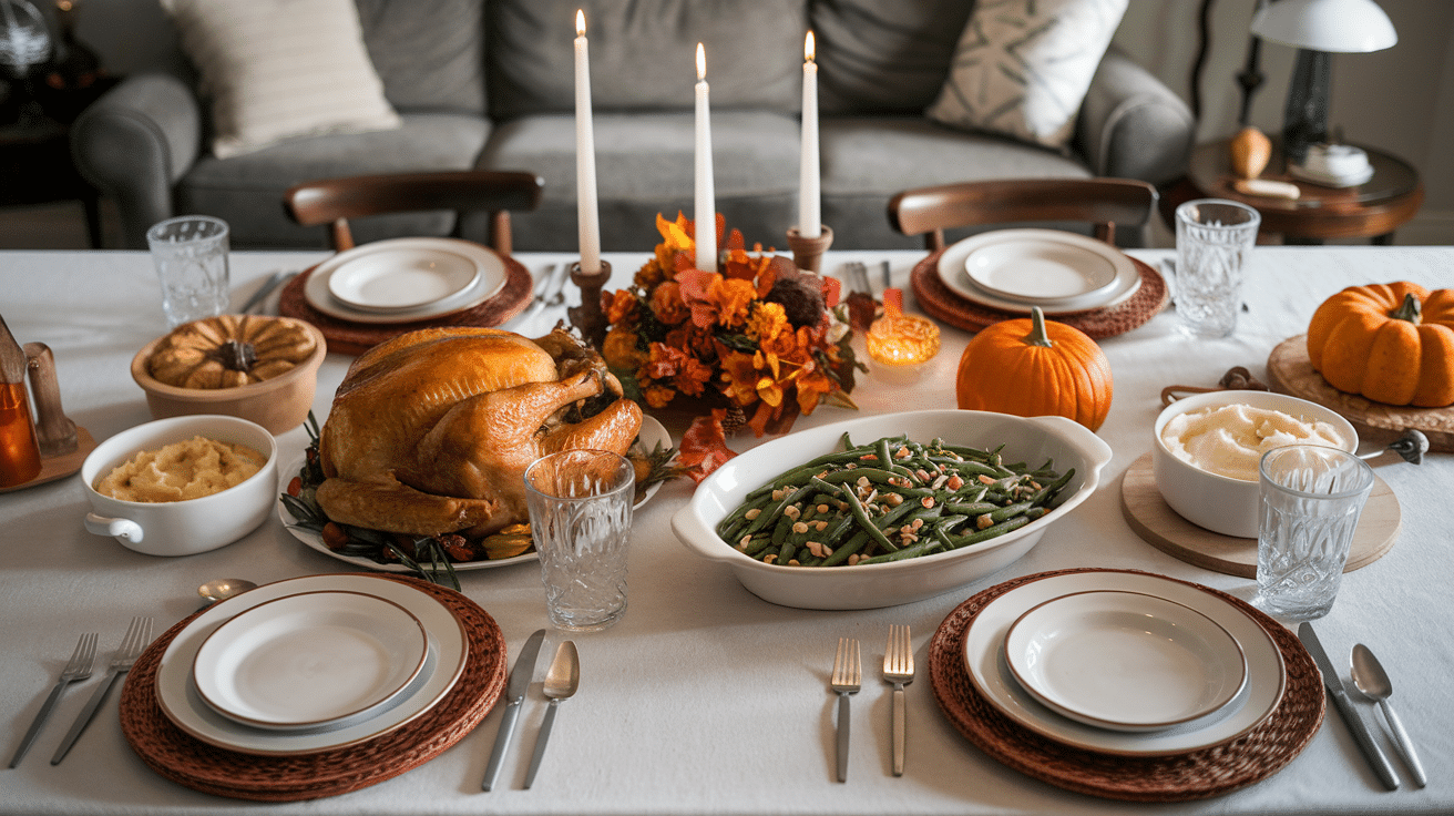 a-photo-of-a-thanksgiving-table-set-with-a-white-tablecloth
